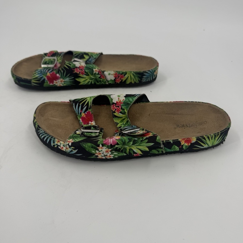 Comfortview Women's Floral Tropical Memory Foam Slide Sandals Buckle Size 9M